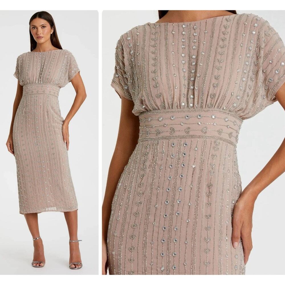 Mac Duggal 93649 Beaded Size 6 Midi Dress Beige Empire Waist Cap Sleeves NWT